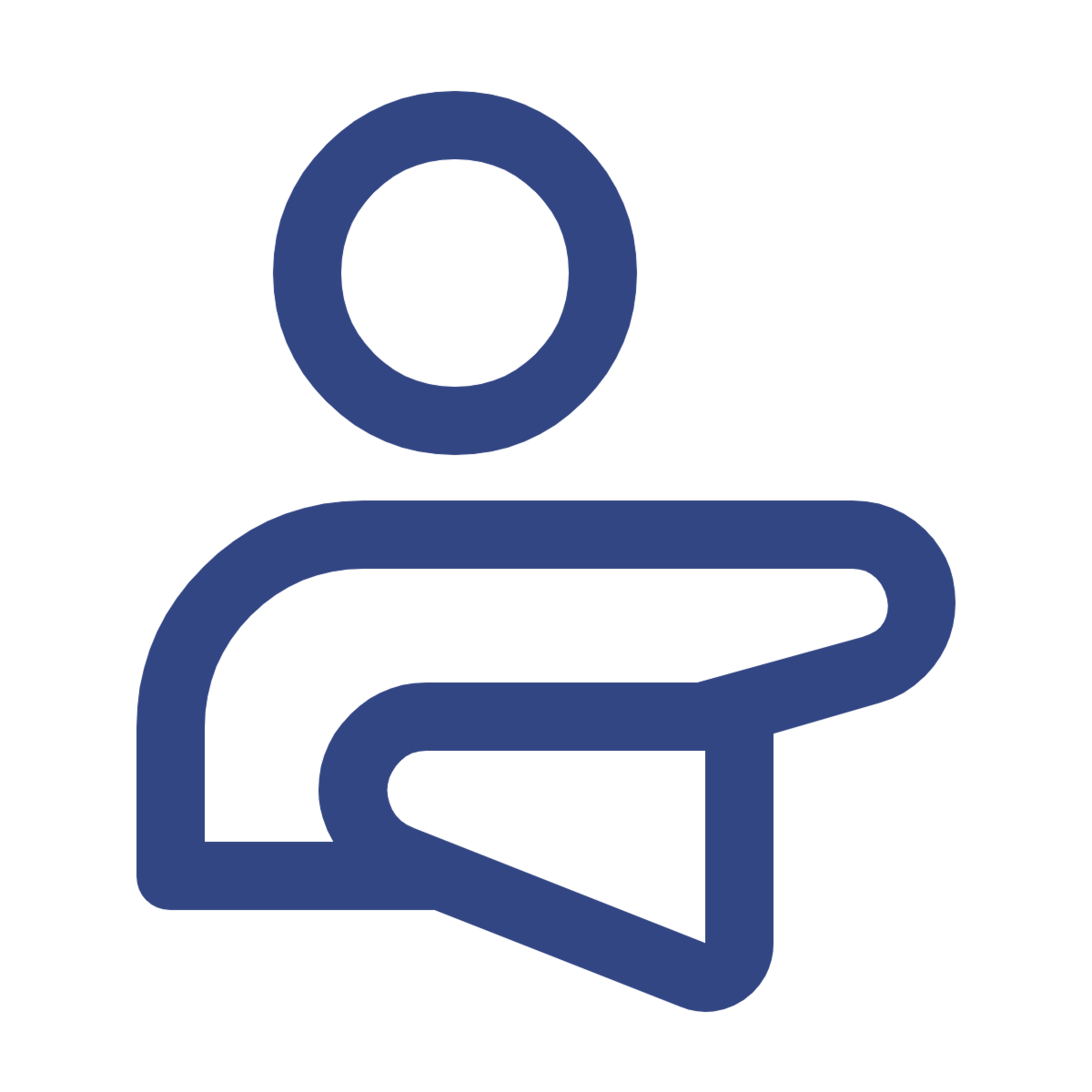Dark blue icon of a person lifting a box with extended arms, symbolizing proper manual handling techniques for workplace safety and ergonomics.